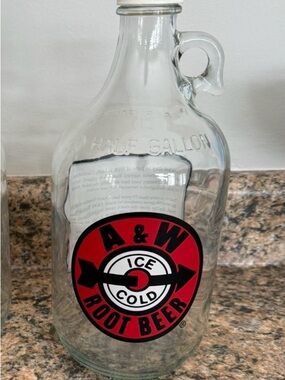 VINTAGE A&W ROOT BEER 1/2 GALLON GLASS BOTTLE JUG RING HANDLE NECK